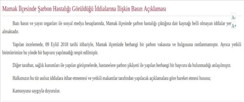 Ankara Valiliği: Mamak’ta şarbon bulgusu yoktur