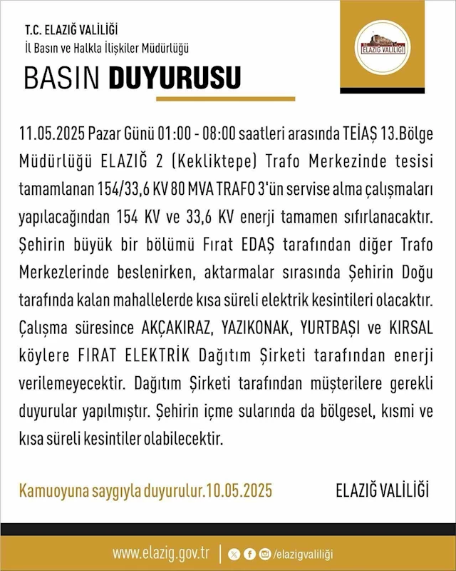 Elazığ’da elektrik kesintisi yaşanacak
